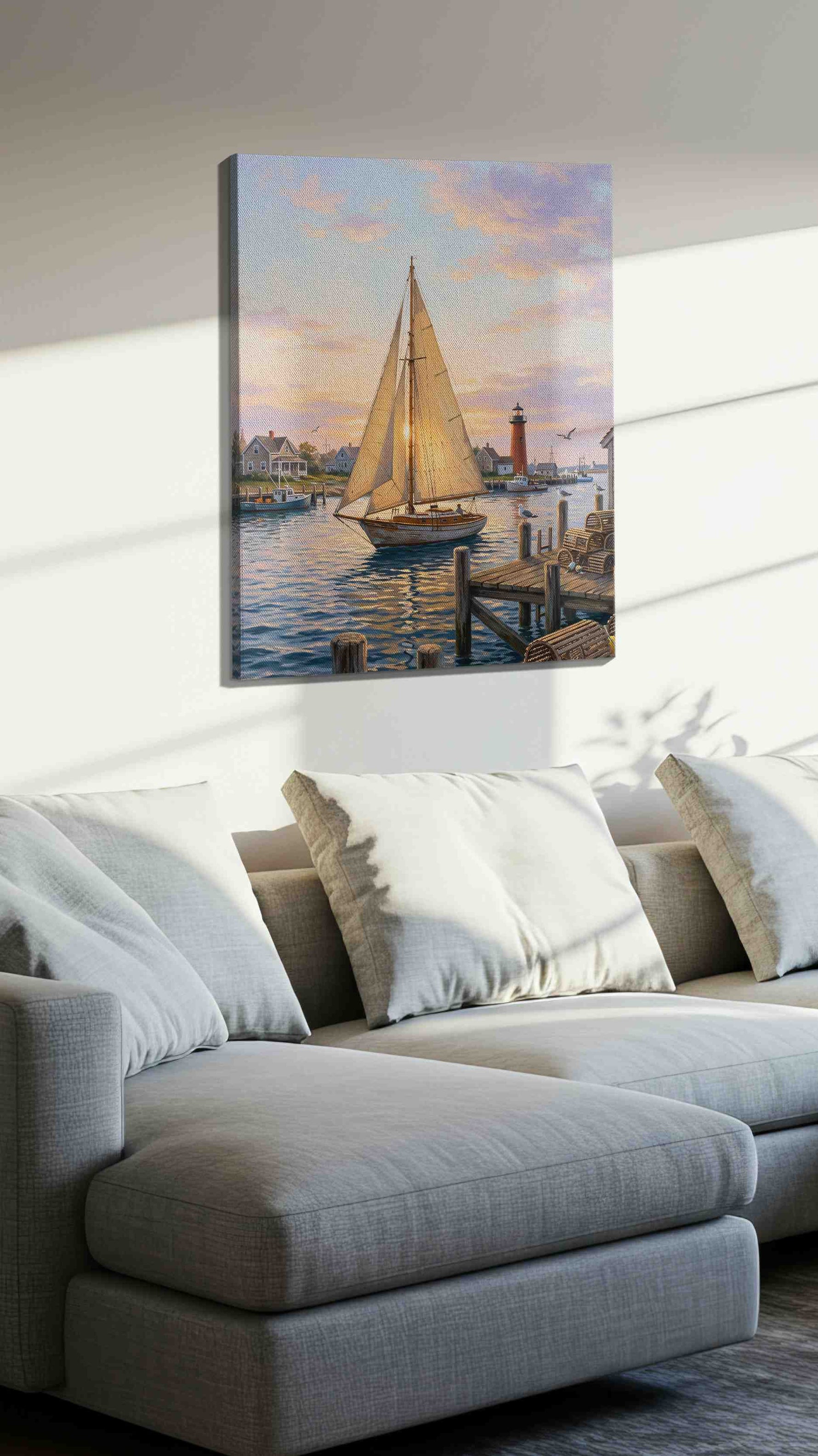 Harbor Hymn at First Light nautical canvas wall art styled in a living room