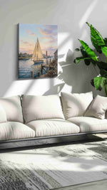 Harbor Hymn at First Light nautical canvas wall art shown hanging in a styled interior