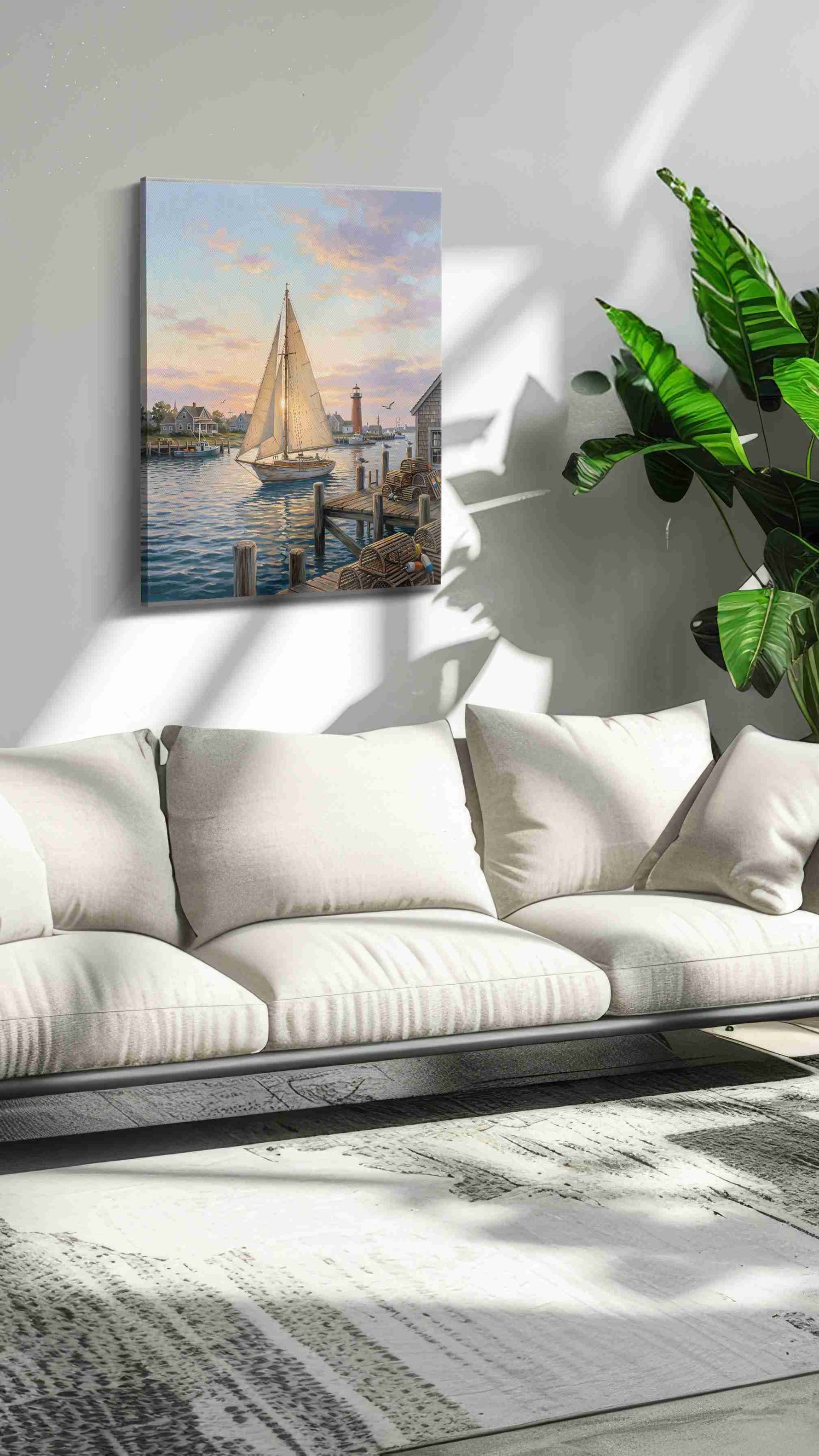 Harbor Hymn at First Light nautical canvas wall art shown hanging in a styled interior