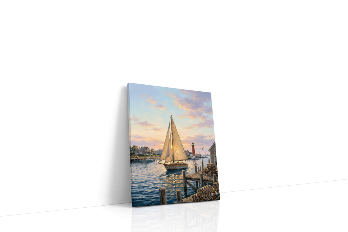 Harbor Hymn at First Light nautical canvas wall art displayed above a sofa in a modern living room