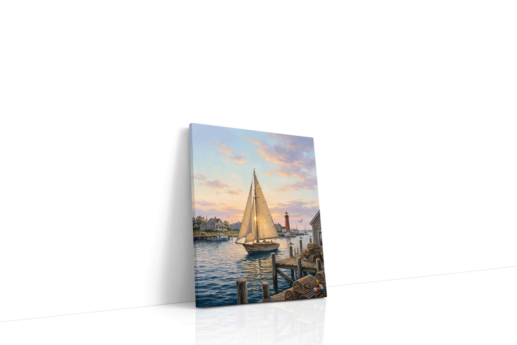 Harbor Hymn at First Light nautical canvas wall art displayed above a sofa in a modern living room