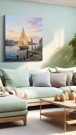 Harbor Hymn at First Light nautical canvas wall art shown in a wall scene