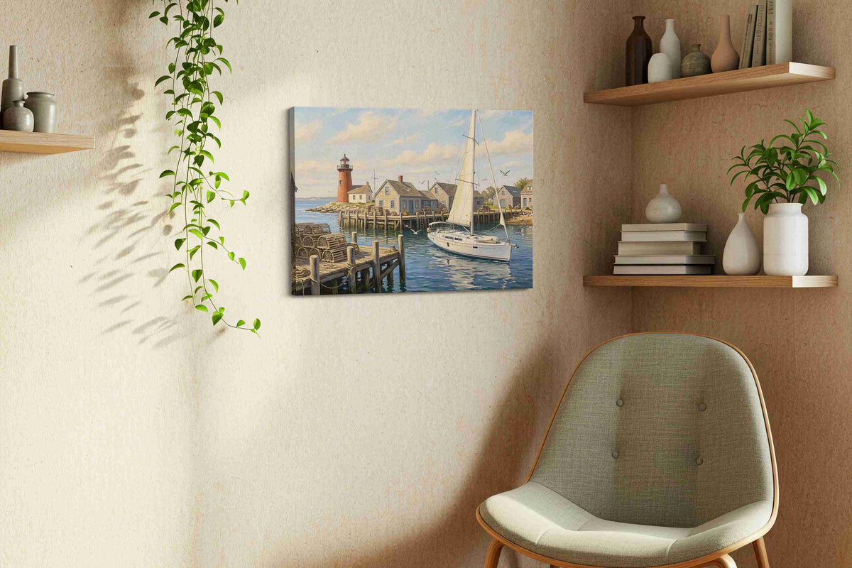 Harbor Light Reverie nautical canvas wall art displayed above a sofa in a styled living room scene