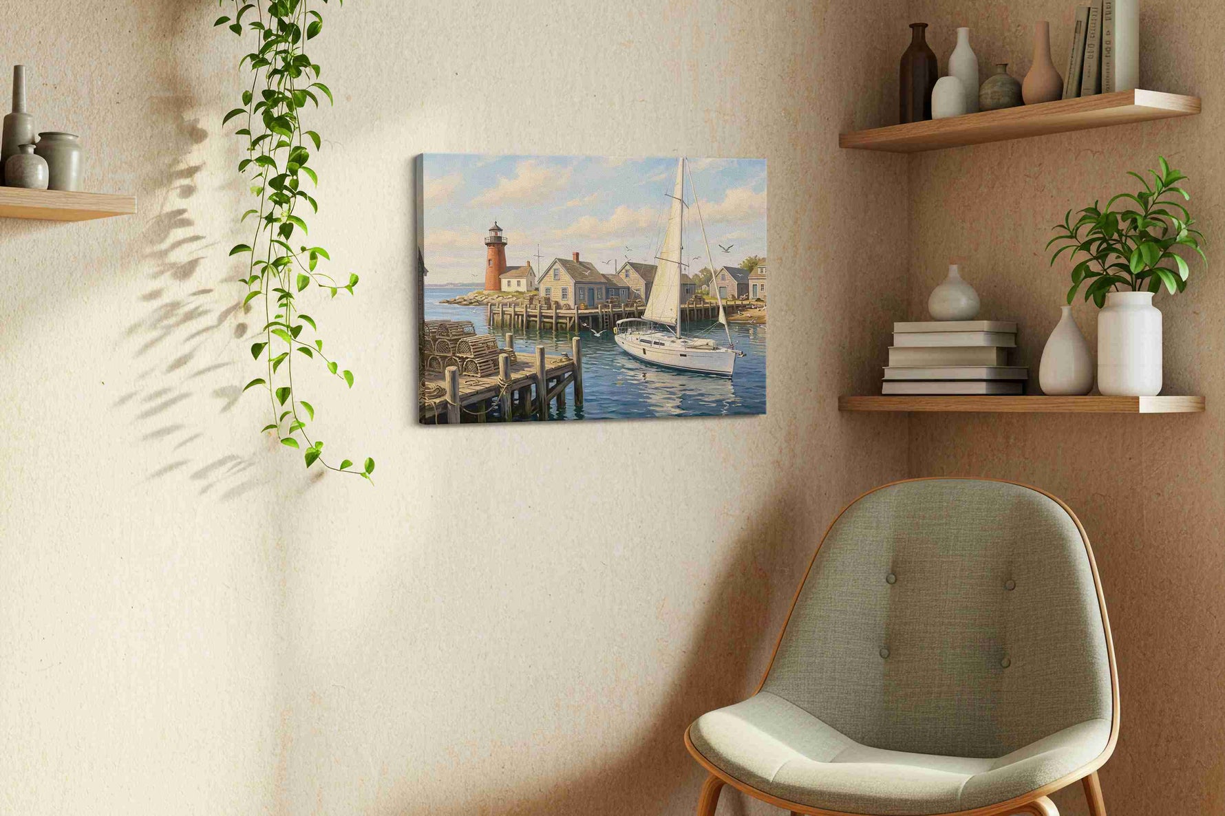 Harbor Light Reverie nautical canvas wall art displayed above a sofa in a styled living room scene