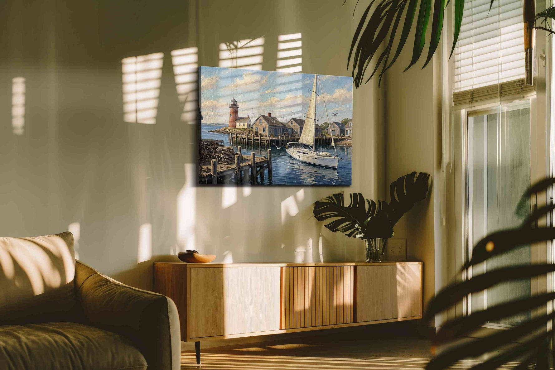 Harbor Light Reverie nautical canvas wall art in a contemporary interior mockup