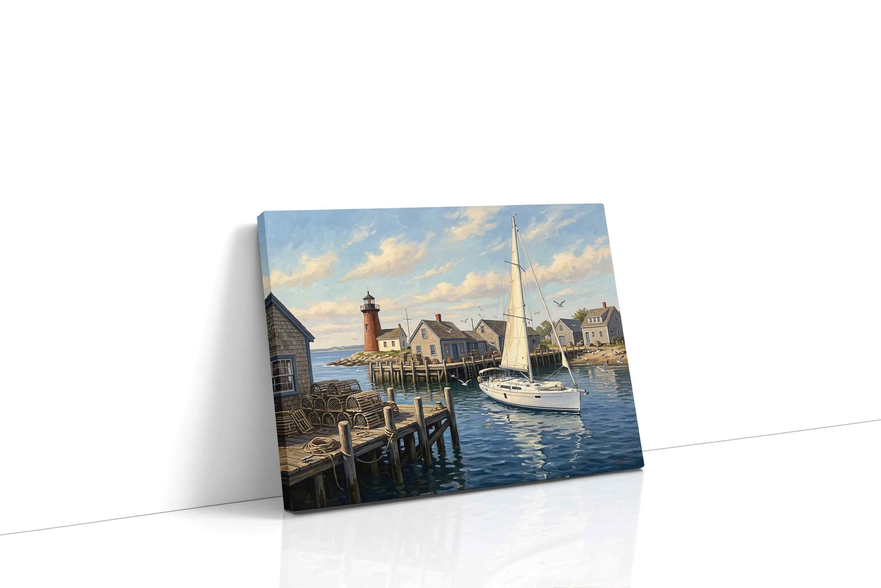 Harbor Light Reverie nautical canvas wall art displayed above a sofa in a modern living room
