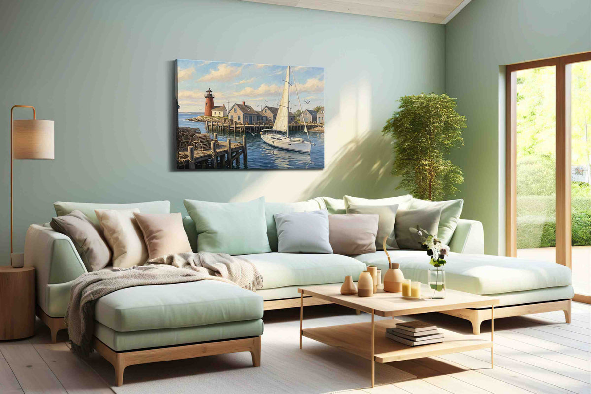 Harbor Light Reverie nautical canvas wall art shown hanging in a styled interior
