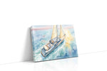 Sunwash Serenity Under Sail nautical canvas wall art displayed above a sofa in a modern living room