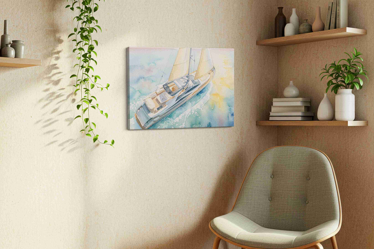 Sunwash Serenity Under Sail nautical canvas wall art shown hanging in a sleek modern interior