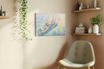 Sunwash Serenity Under Sail nautical canvas wall art shown hanging in a sleek modern interior