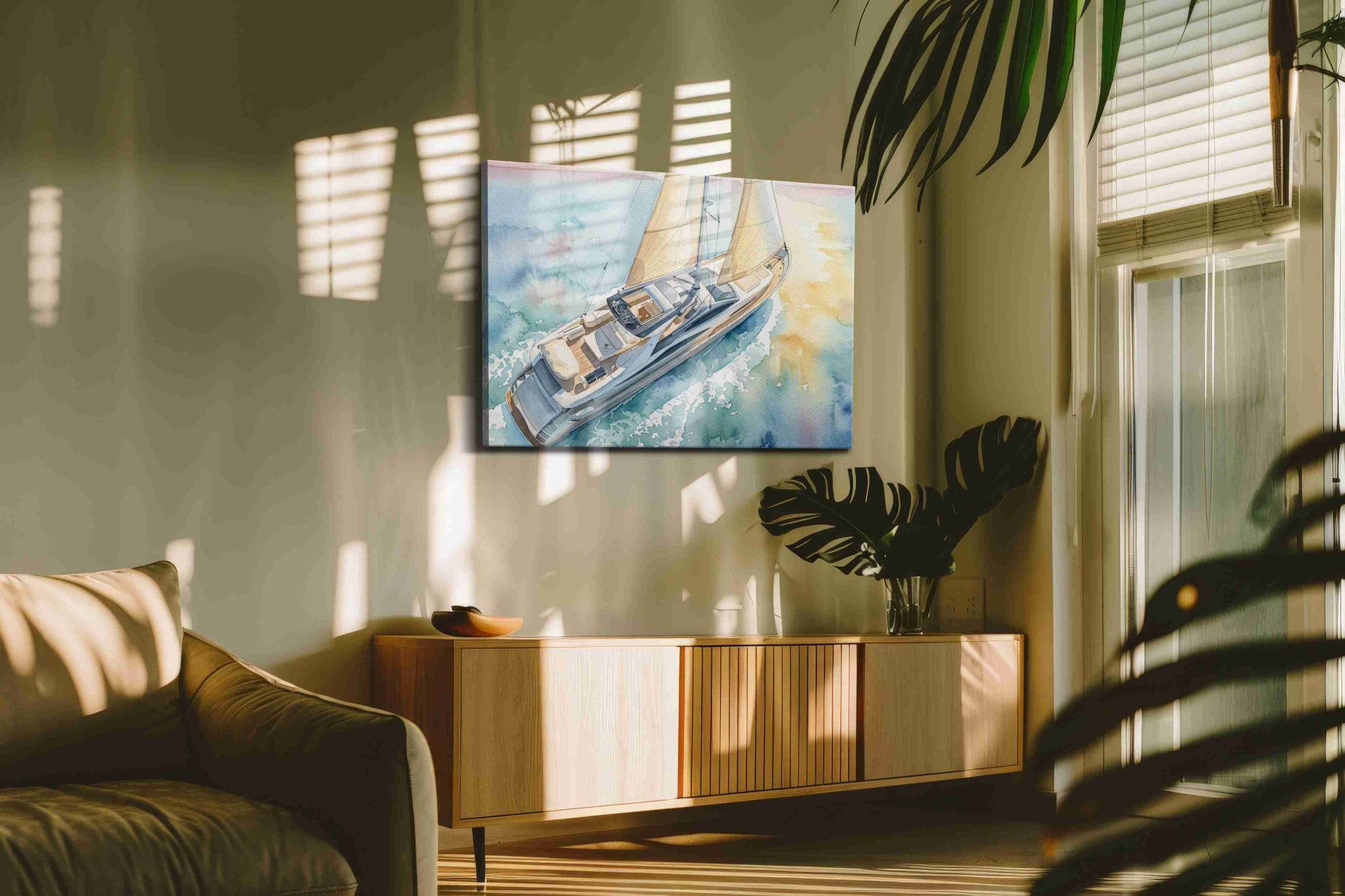 Sunwash Serenity Under Sail nautical canvas wall art displayed above a bed in a contemporary bedroom
