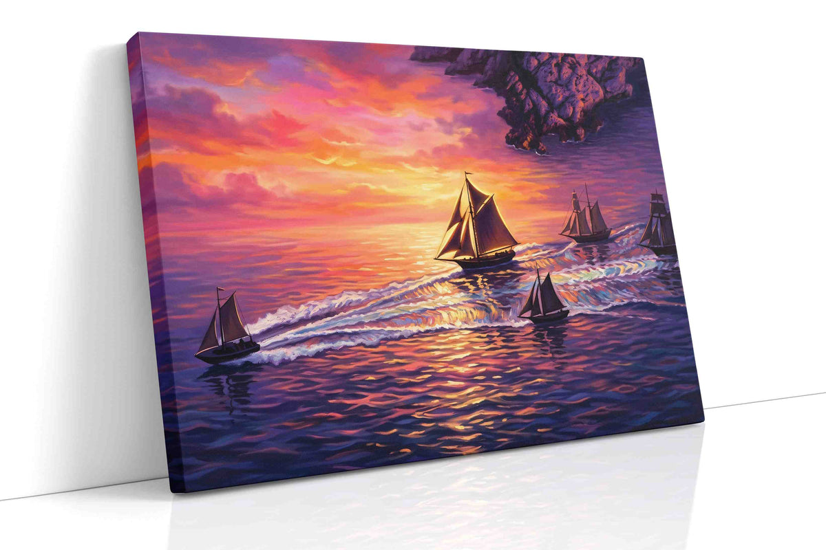 Velvet Tides at Sundown nautical canvas wall art displayed above a bed in a contemporary bedroom