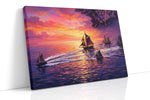 Velvet Tides at Sundown nautical canvas wall art displayed above a bed in a contemporary bedroom