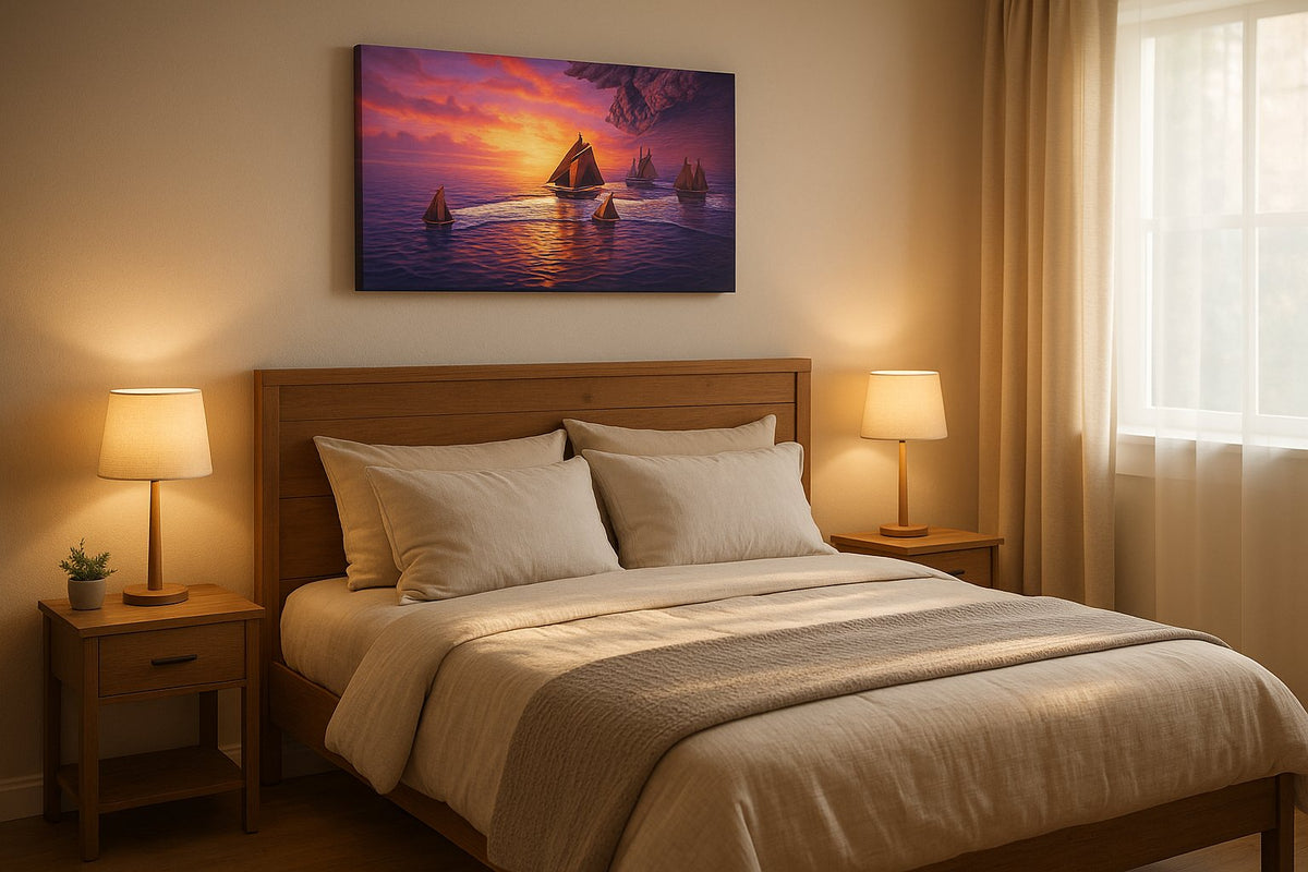 Velvet Tides at Sundown nautical canvas wall art displayed above a bed in a styled bedroom scene