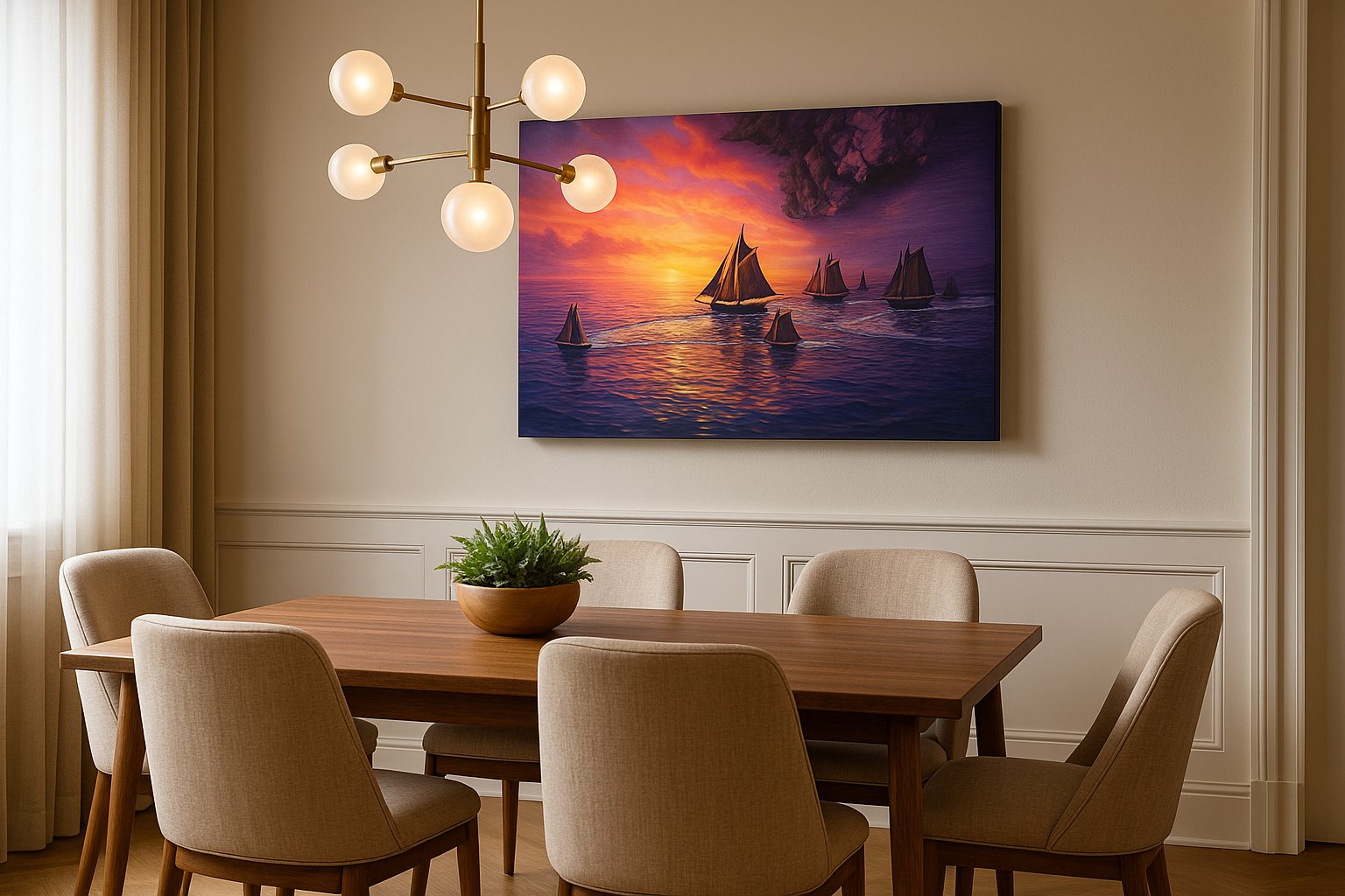 Velvet Tides at Sundown nautical canvas wall art shown hanging in a sleek modern interior
