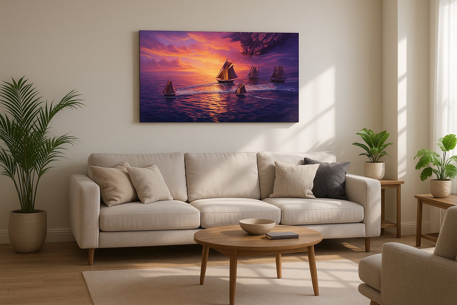 Velvet Tides at Sundown nautical canvas wall art displayed above a sofa in a styled living room scene