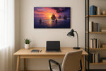 Velvet Tides at Sundown nautical canvas wall art displayed above a sofa in a modern living room