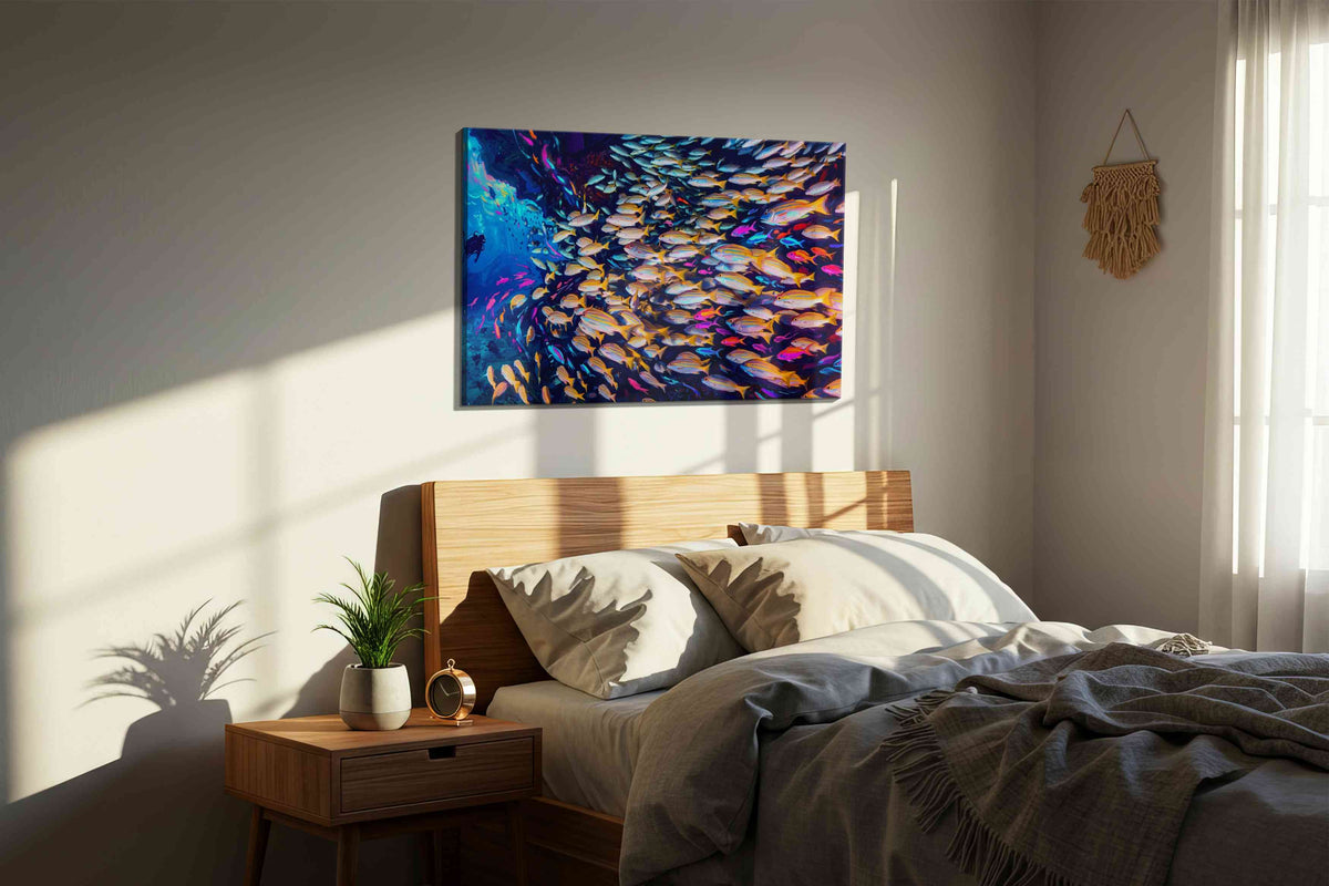 Neon Reef Rhapsody sea life canvas wall art displayed above a bed in a styled bedroom scene