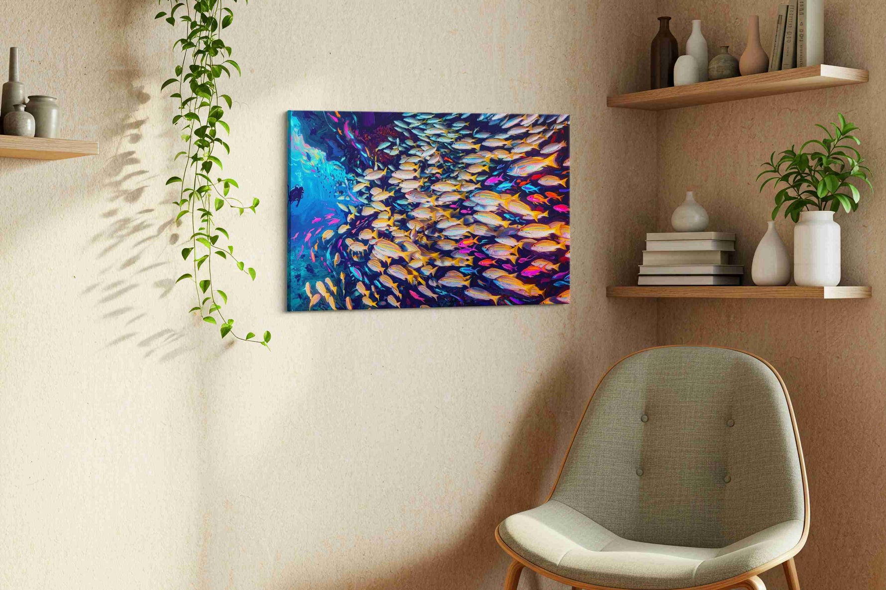 Neon Reef Rhapsody sea life canvas wall art displayed above a sofa in a styled living room scene