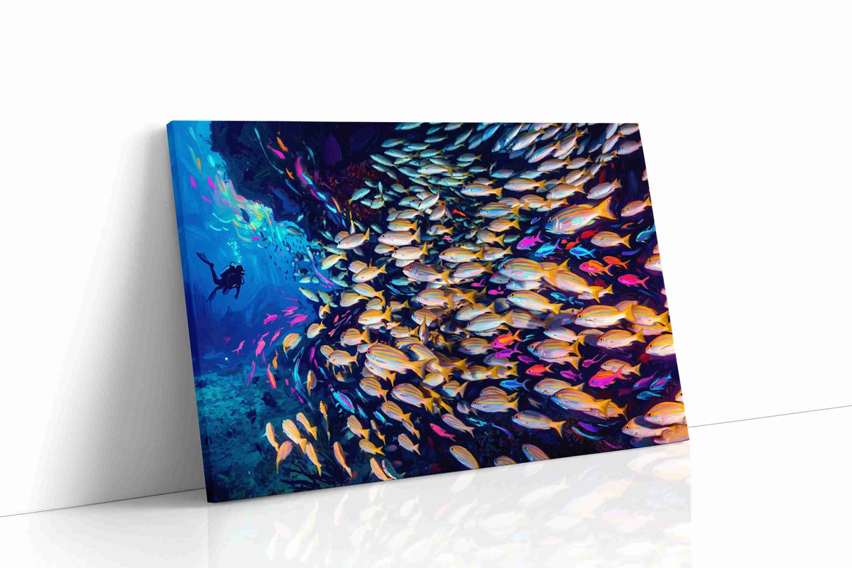 Neon Reef Rhapsody sea life canvas wall art displayed above a sofa in a modern living room