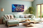 Neon Reef Rhapsody sea life canvas wall art shown hanging in a styled interior