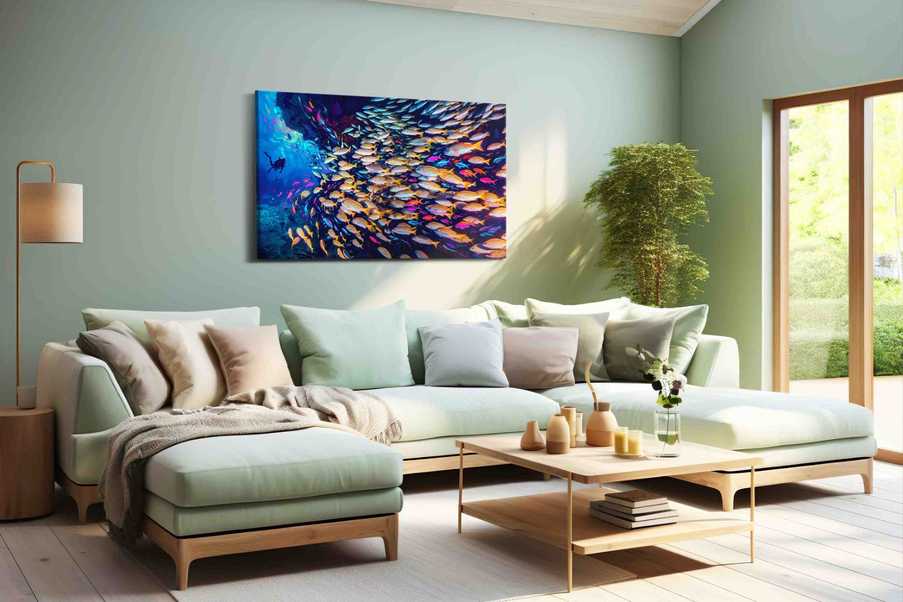 Neon Reef Rhapsody sea life canvas wall art shown hanging in a styled interior
