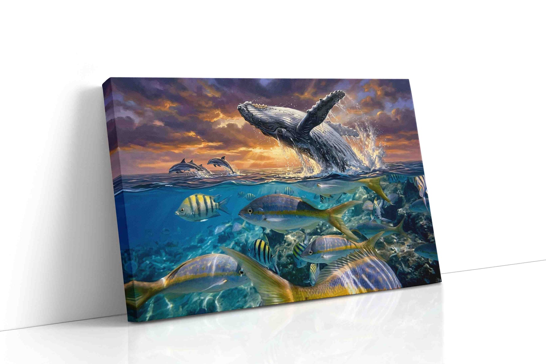 Sunfire Breach Symphony sea life canvas wall art gallery-wrapped landscape canvas studio shot