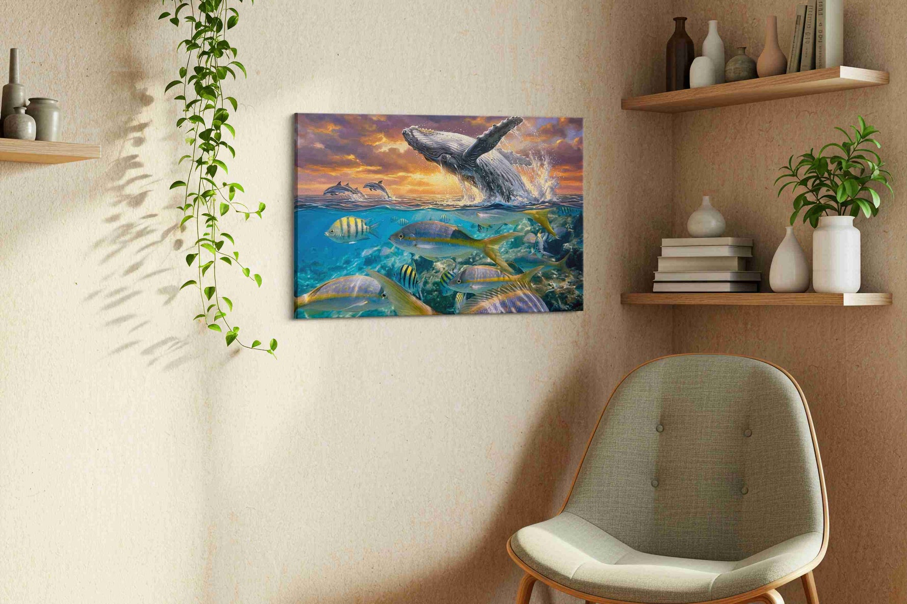 Sunfire Breach Symphony sea life canvas wall art styled in a living room