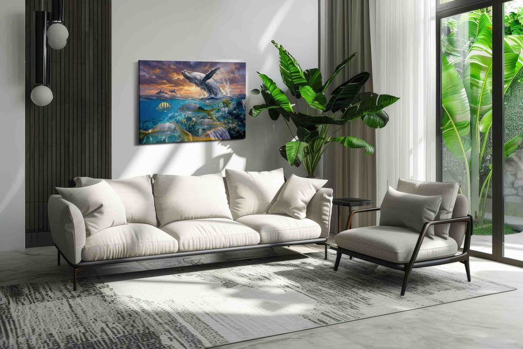 Sunfire Breach Symphony - Sea Life Wall Art, Marine Canvas Print, Ocean Animal Art