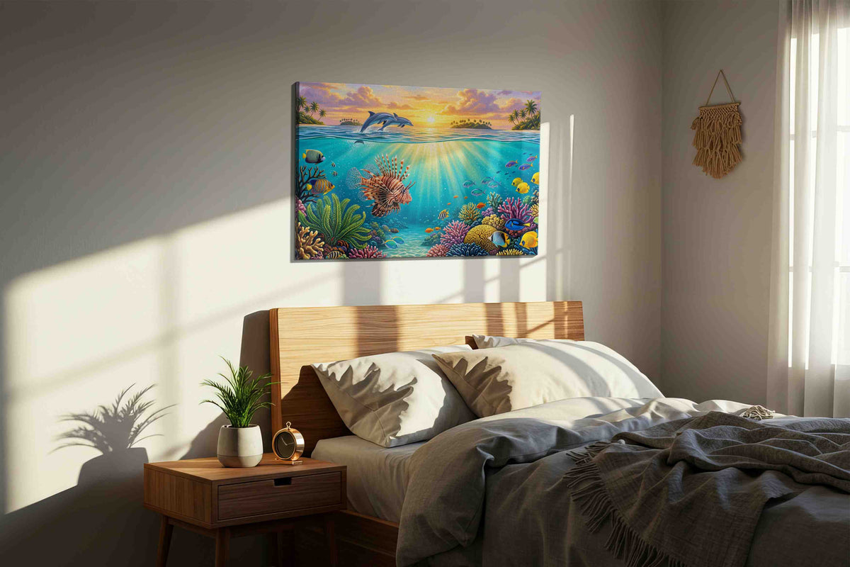 Sunlit Symphony Reef sea life canvas wall art displayed above a bed in a styled bedroom scene