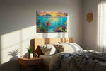 Sunlit Symphony Reef sea life canvas wall art displayed above a bed in a styled bedroom scene