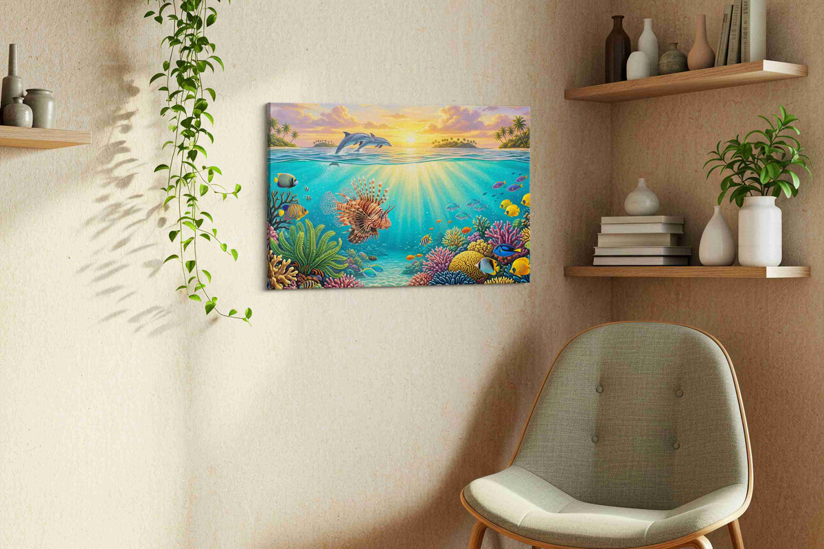 Sunlit Symphony Reef sea life canvas wall art displayed above a bed in a contemporary bedroom