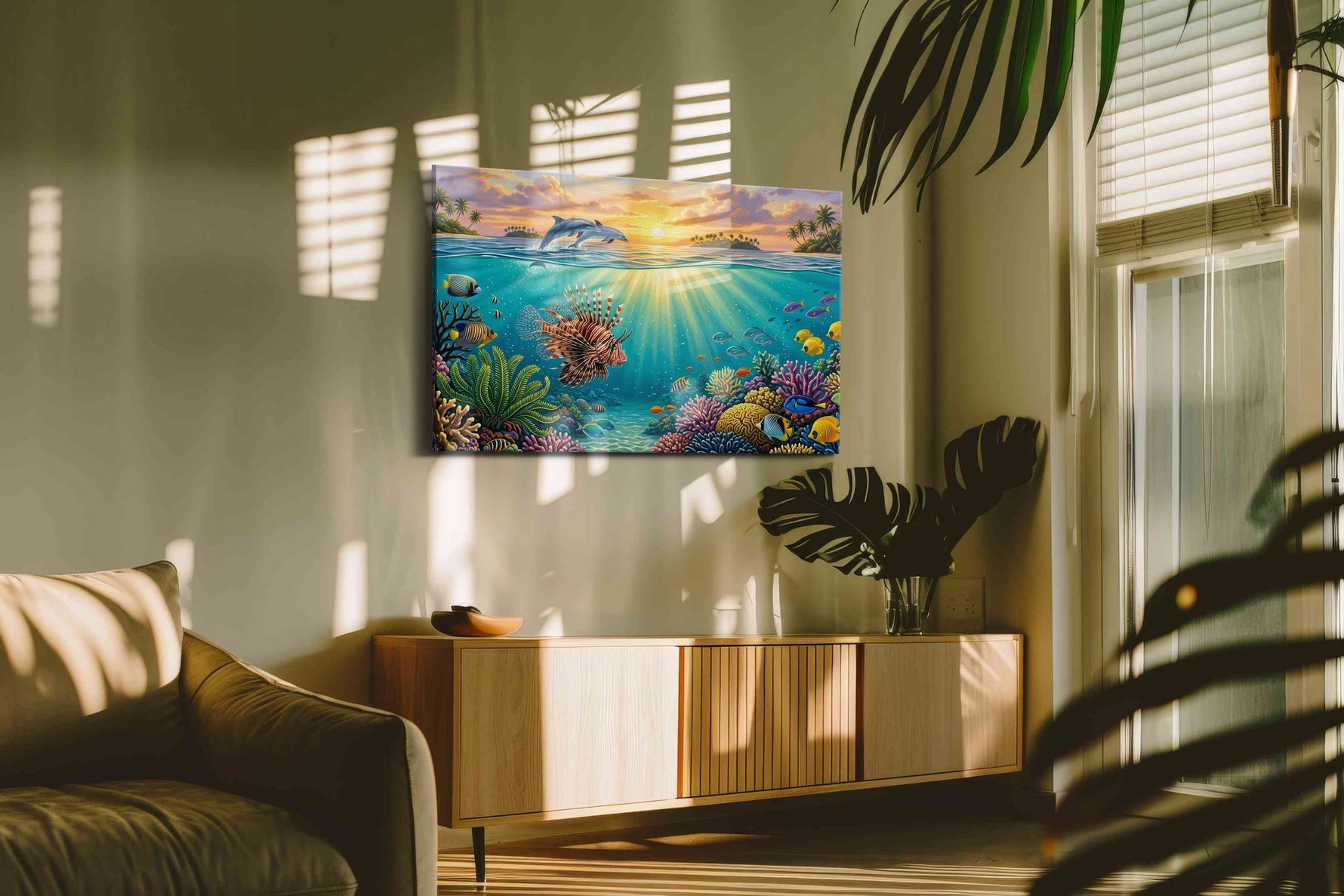 Sunlit Symphony Reef sea life canvas wall art in a contemporary interior mockup