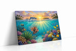 Sunlit Symphony Reef sea life canvas wall art displayed above a sofa in a modern living room