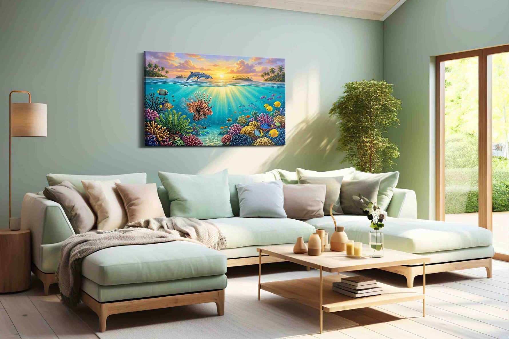 Sunlit Symphony Reef sea life canvas wall art shown hanging in a styled interior
