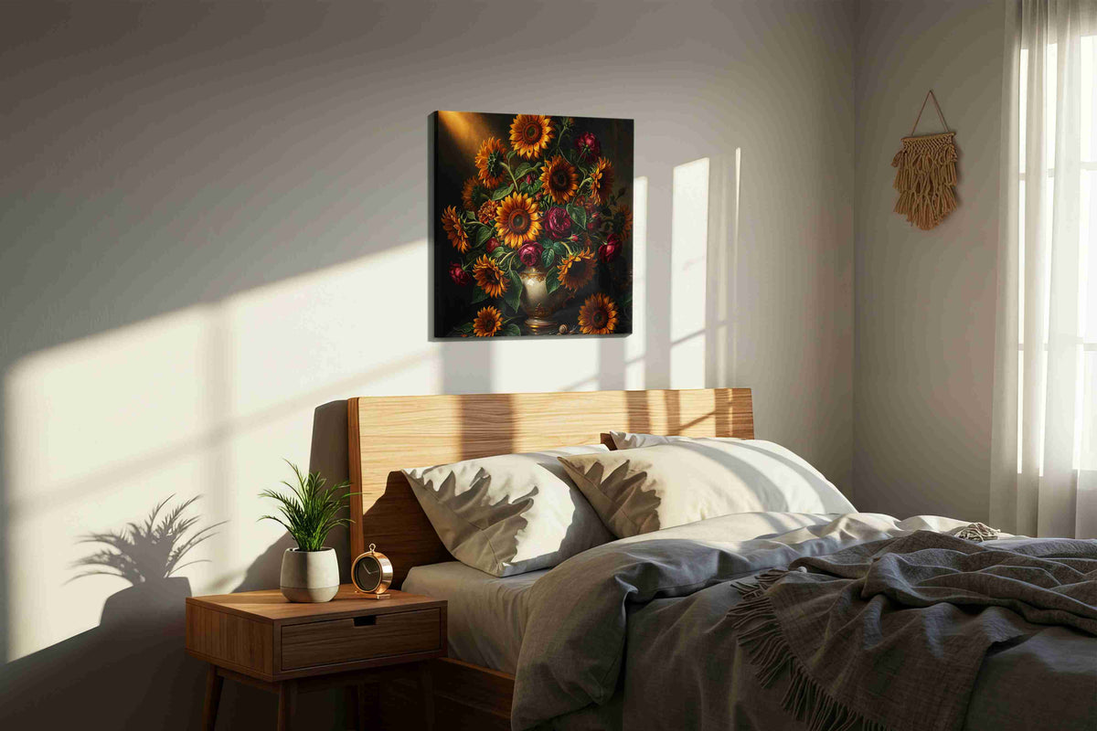 Gilded Nocturne in Bloom sunflower canvas wall art displayed above a bed in a styled bedroom scene