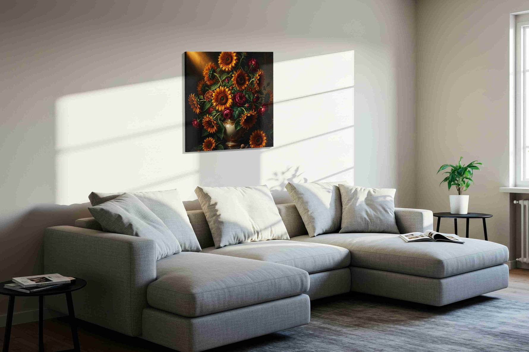 Gilded Nocturne in Bloom sunflower canvas wall art displayed above a sofa in a styled living room scene