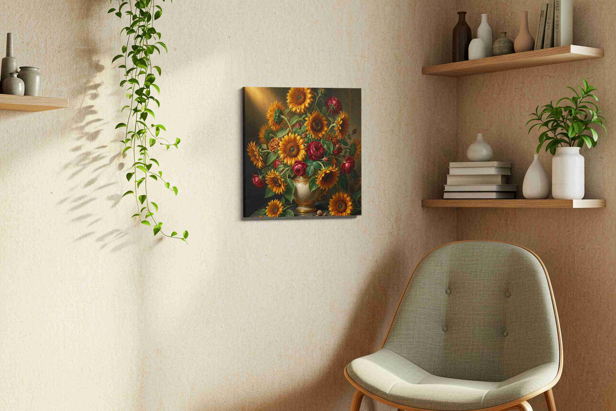 Gilded Nocturne in Bloom sunflower canvas wall art styled in a living room