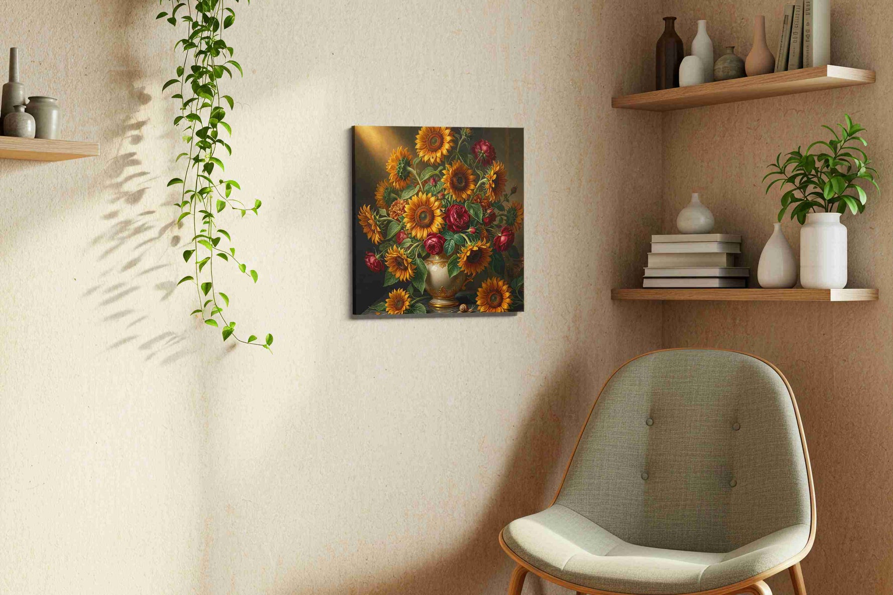 Gilded Nocturne in Bloom sunflower canvas wall art styled in a living room