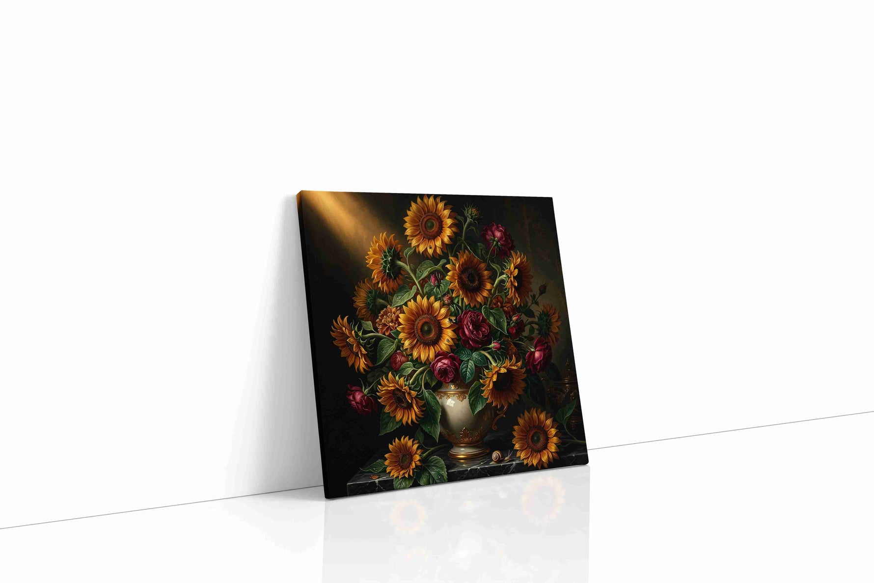 Gilded Nocturne in Bloom sunflower canvas wall art displayed above a bed in a contemporary bedroom