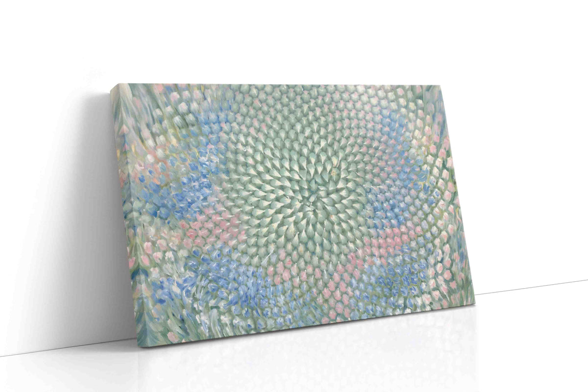 Pastel Bloom Vortex sunflower canvas wall art displayed above a sofa in a modern living room