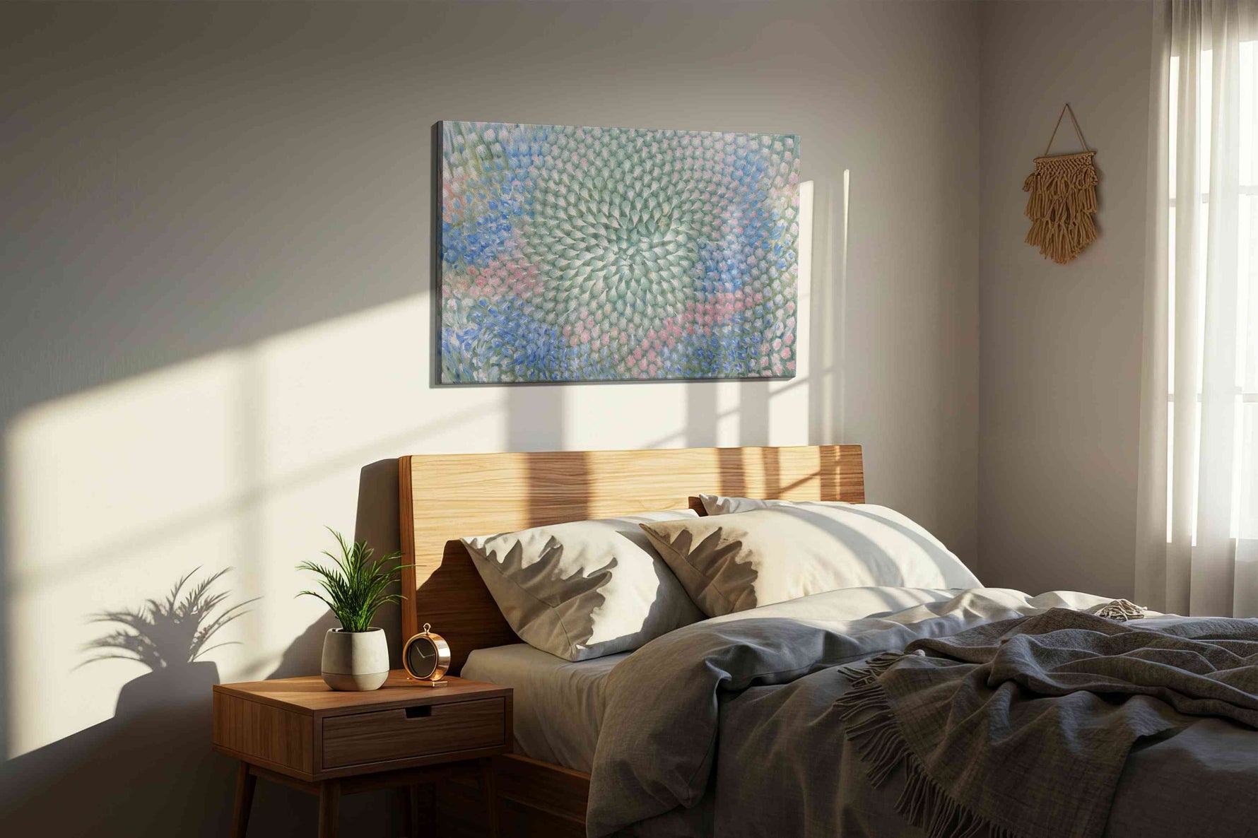 Pastel Bloom Vortex sunflower canvas wall art displayed above a bed in a styled bedroom scene