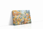 Sunlit Petal Reverie sunflower canvas wall art displayed above a sofa in a modern living room