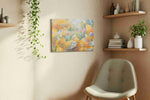Sunlit Petal Reverie sunflower canvas wall art displayed above a sofa in a styled living room scene