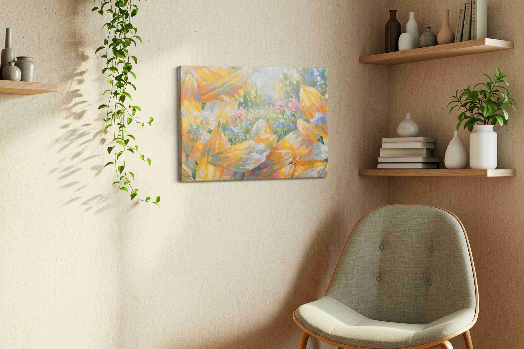 Sunlit Petal Reverie sunflower canvas wall art displayed above a sofa in a styled living room scene