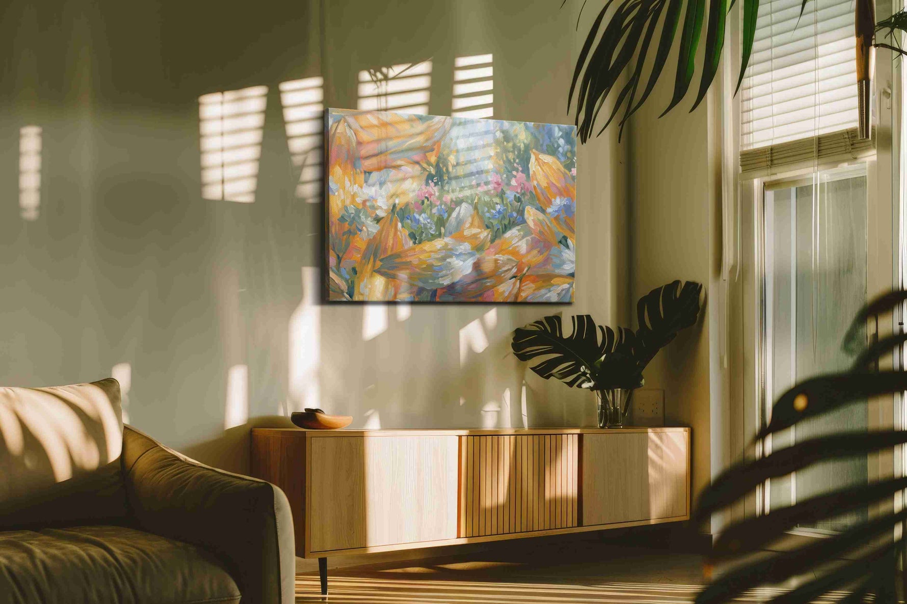 Sunlit Petal Reverie sunflower canvas wall art in a contemporary interior mockup