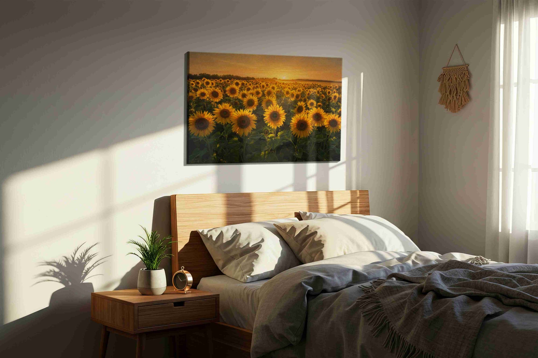 Sunlit Reverie in Bloom sunflower canvas wall art displayed above a bed in a styled bedroom scene