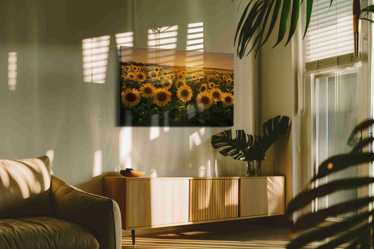 Sunlit Reverie in Bloom sunflower canvas wall art displayed above a bed in a contemporary bedroom