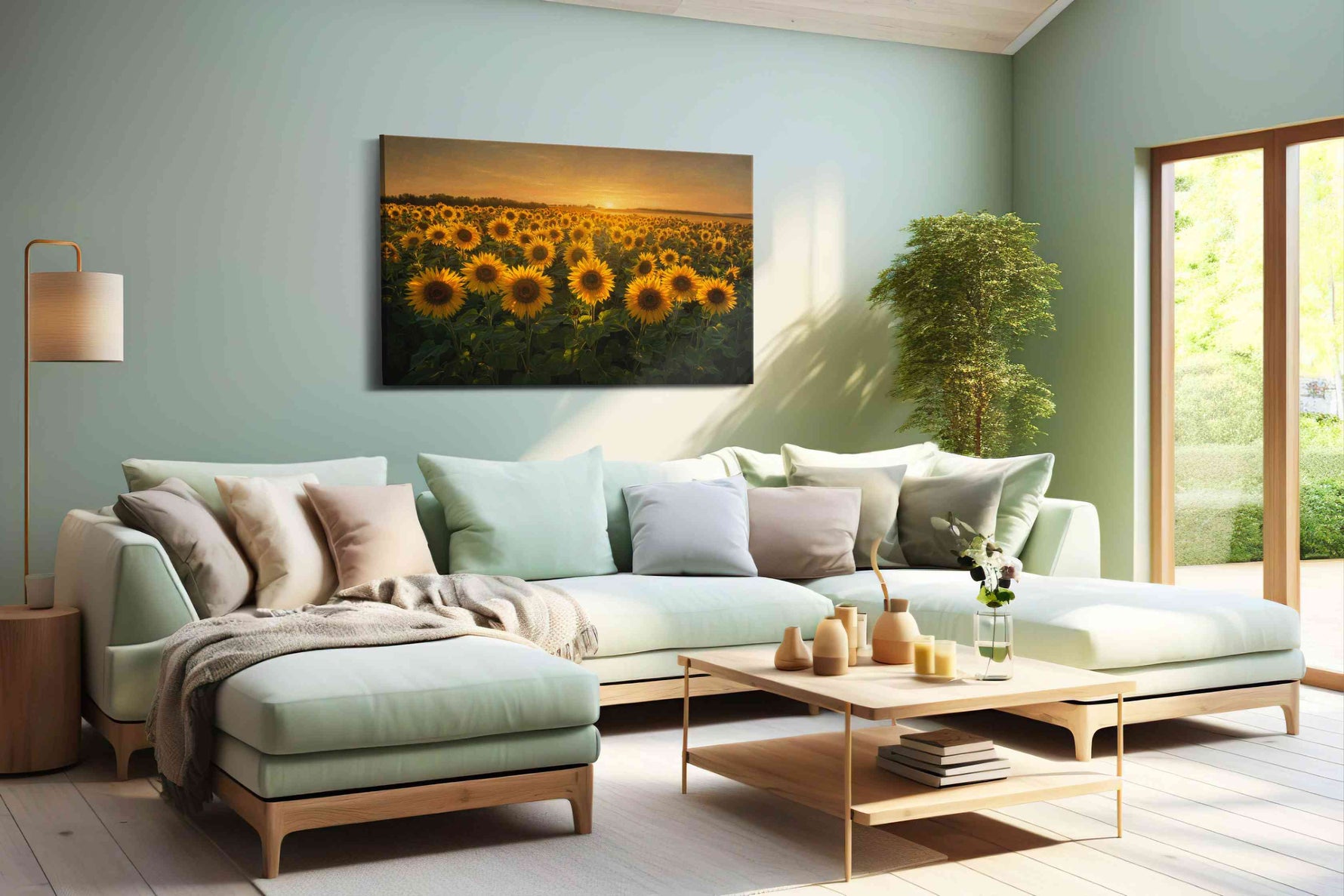Sunlit Reverie in Bloom sunflower canvas wall art shown hanging in a styled interior