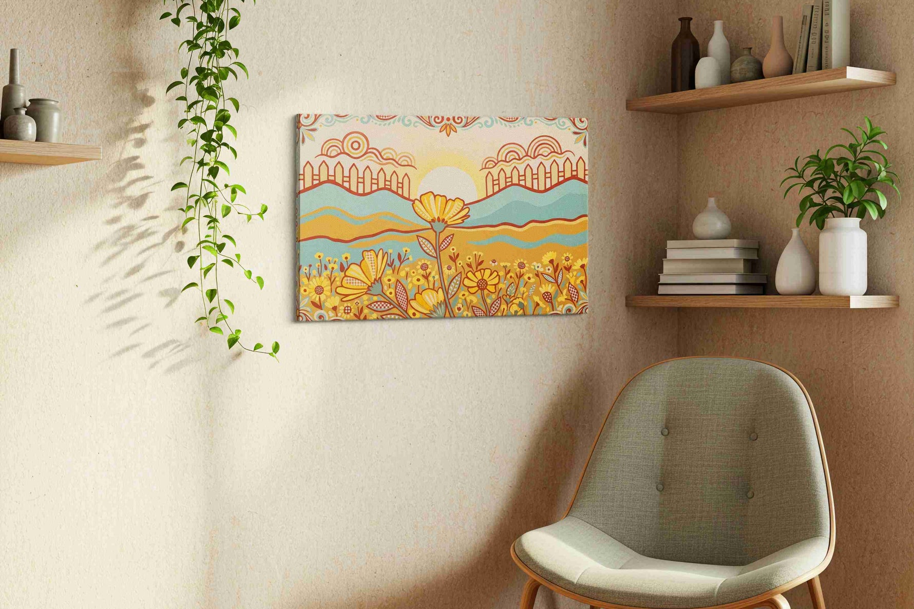 Sunrise Over Marigold Meadow sunflower canvas wall art shown hanging in a sleek modern interior